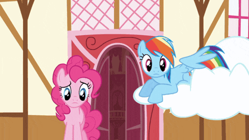 pinkie pie and rainbow dash are standing next to each other in front of a building
