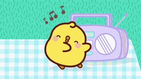 a cartoon chicken is dancing in front of a radio on a checkered table cloth .