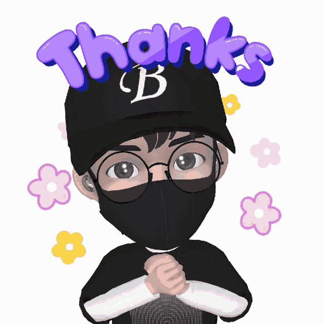 a cartoon character wearing a mask and a hat with the word thanks on it