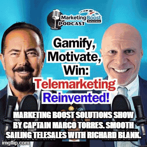 two men are standing in front of microphones with the words gamify motivate win telemarketing reinvented .