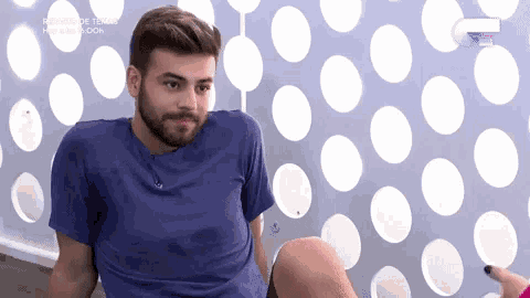 a man with a beard wearing a blue shirt is sitting in front of a wall with white polka dots .