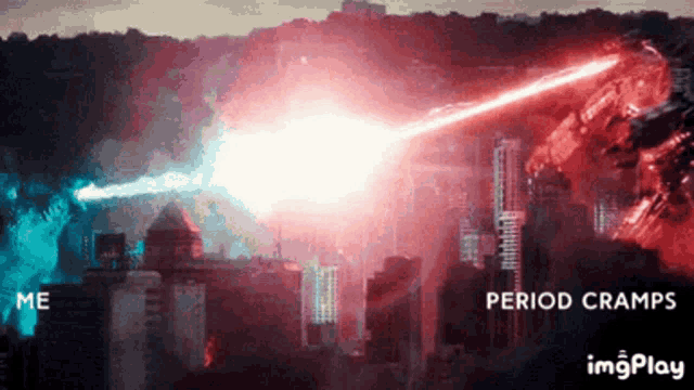 a red and blue light is coming out of a building and the words period cramps are on the bottom