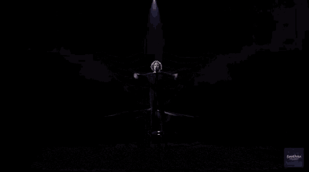 a woman stands on a stage with her arms outstretched in front of a screen that says ' eurovision ' on it