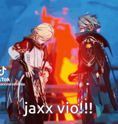 a couple of anime characters standing next to each other in front of a fire with the words `` jaxx vio ! ''