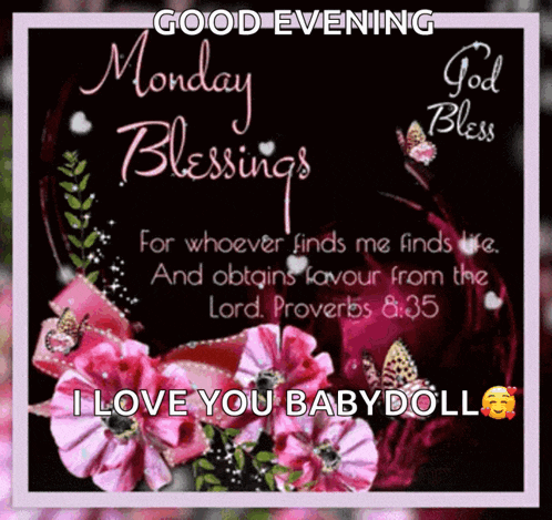 a good evening monday blessings message with flowers and butterflies