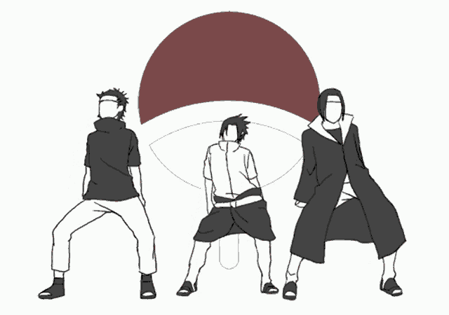a drawing of three people standing in front of a red and white circle