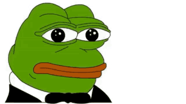 a green frog wearing a tuxedo and bow tie is looking at the camera .