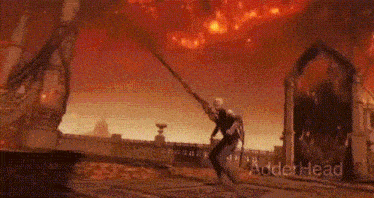 a video game character is standing in front of a fireball .