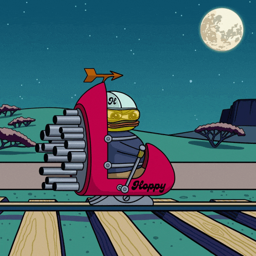 a cartoon of a hamburger riding a rocket with the word hoppy on it