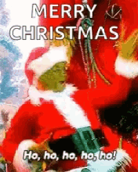 a christmas card with a grinch in a santa suit .