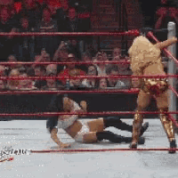 a woman is laying on the ground in a wrestling ring while another woman is standing in the ring