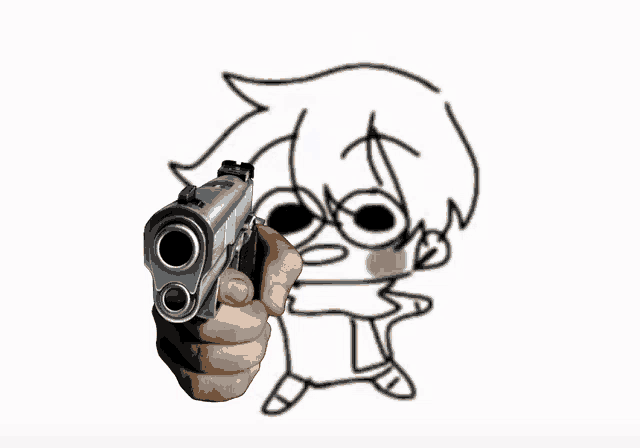 a hand is pointing a gun at a drawing of a boy