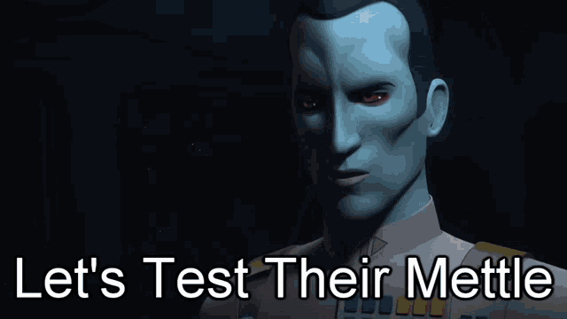 a man with red eyes and the words " let 's test their mettle "