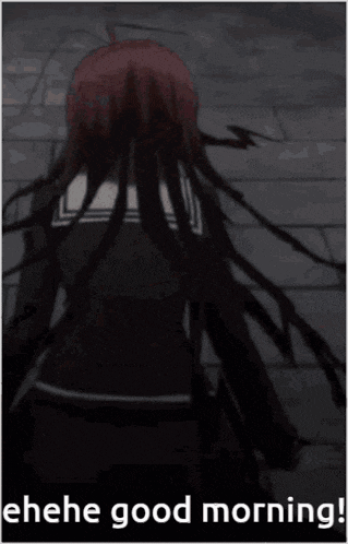 a picture of a girl with long hair and the words " ehehe good morning "
