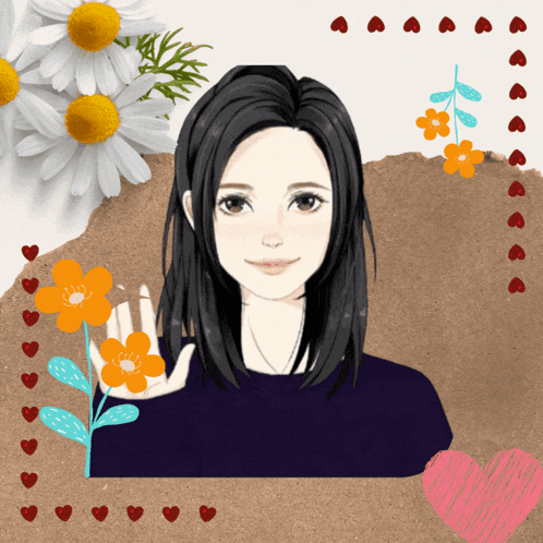 a drawing of a girl surrounded by flowers and hearts