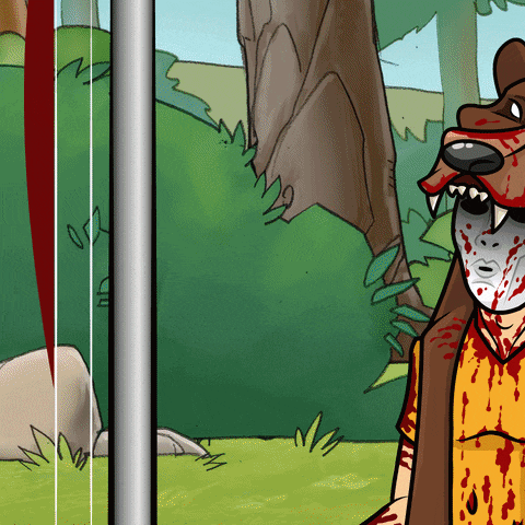 a cartoon drawing of a bear with blood on his face