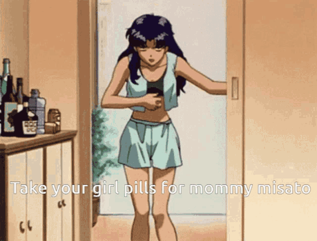 a girl is standing in a doorway with the words " take your girl pills for mommy misaki " written below her