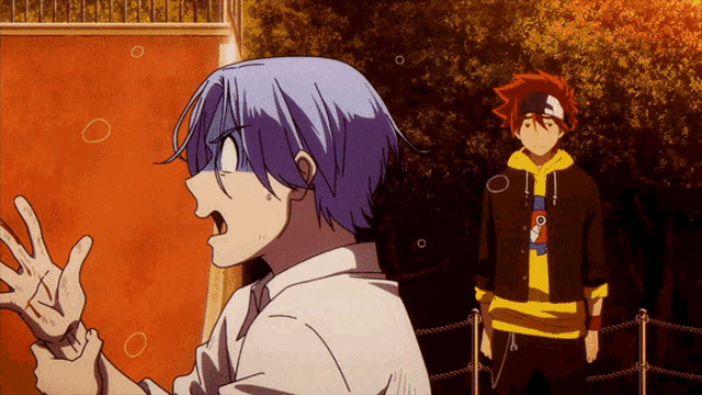 a boy with blue hair stands next to a boy with red hair