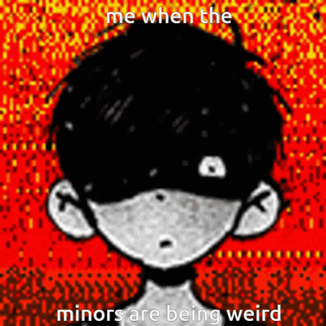 a black and white drawing of a boy with a red background and the words me when the minors are being weird