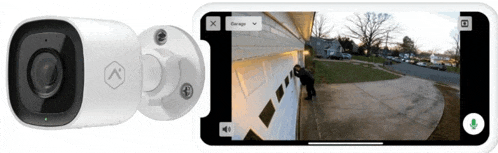 a security camera and a cell phone showing a garage door open