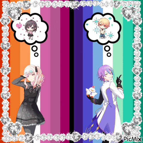 a girl and a boy are standing next to each other with speech bubbles above their heads