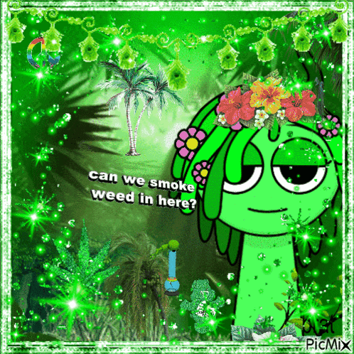 a picture of a cartoon character with the words can we smoke weed in here on it