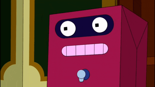 a cartoon drawing of a pink box with white eyes and a purple mouth