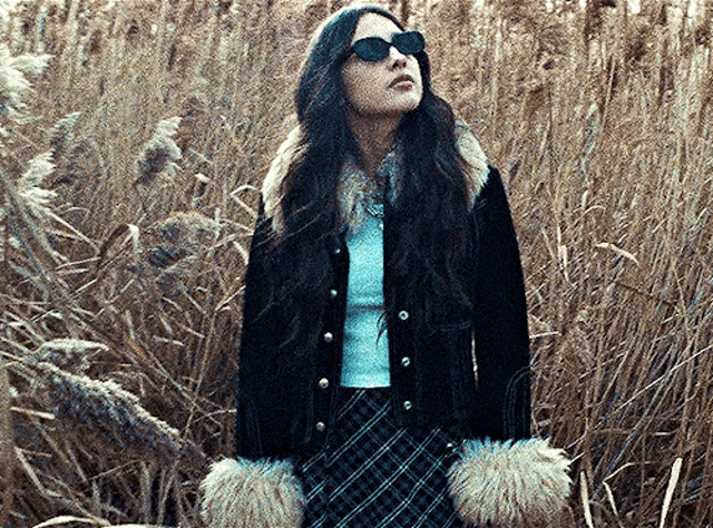 a woman wearing sunglasses and a plaid skirt is standing in a field of tall grass