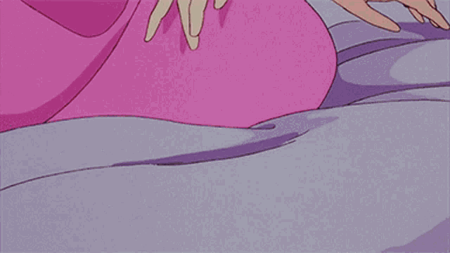 a cartoon of a woman in a pink dress laying on a bed