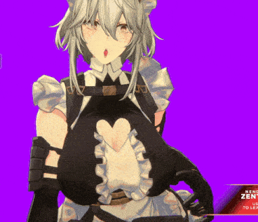 a girl in a maid outfit is standing in front of a sign that says nenc zen us to learn