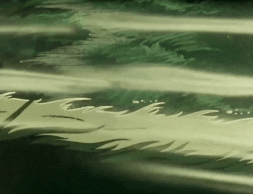 a painting of a forest with trees and waves in the background