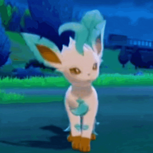 a white eevee with green leaves on its head is standing in a field .