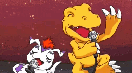 a cartoon of a dinosaur singing into a microphone next to another dinosaur