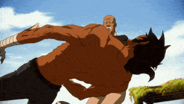 a man without a shirt is kicking another man in the back