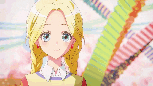 a girl in a blue jacket is standing in front of a floral background