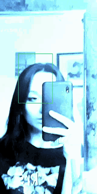 a woman taking a selfie with a phone in front of a mirror