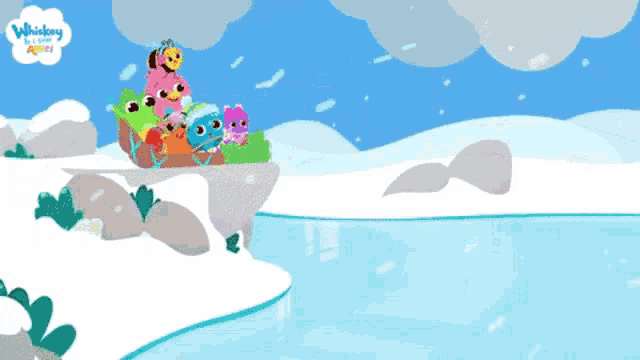 a cartoon of a group of animals sitting on a snowy cliff with the words whiskers and a sleigh below them