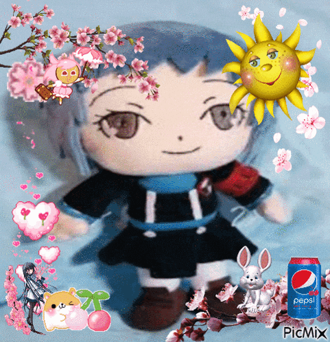 a pepsi can is surrounded by flowers and a stuffed animal