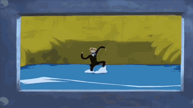a cartoon drawing of a man in a suit standing in the water