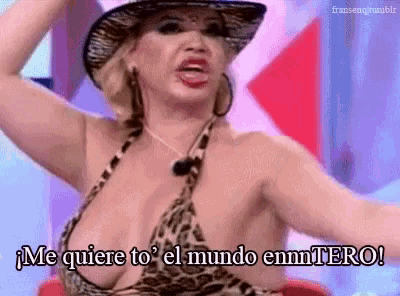 a woman in a bikini and cowboy hat says me quiere to el mundo ennntero