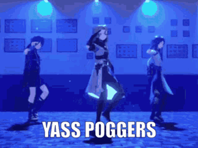 a group of people are dancing on a stage and the words yass poggers are written on the bottom .