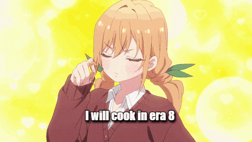 a picture of a girl with the words " i will cook in era 8 "