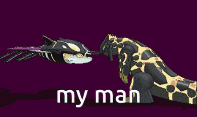 a pixel art of a whale and a dinosaur with the words " my man " written below them