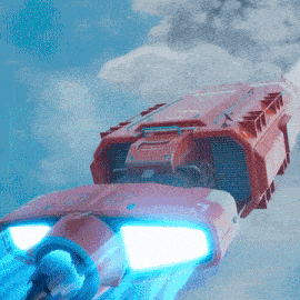 a red vehicle with the number 7 on the side is flying through the air