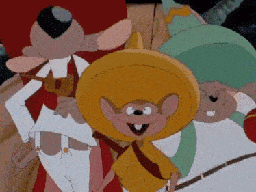 a group of cartoon mice wearing sombrero 's are standing next to each other and smiling .