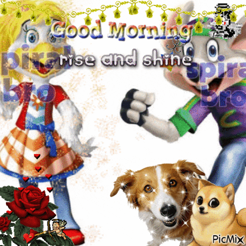 a picture of a bunny and a dog with the words good morning rise and shine