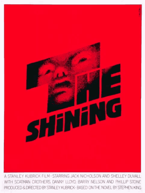 a red movie poster for the shining starring jack nicholson and shelley duvall