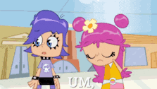a cartoon girl with purple hair and a flower in her hair is standing next to another girl with pink hair