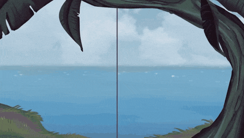 a cartoon drawing of a tree looking out over the ocean