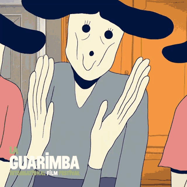 a poster for the guarimba international film festival shows a cartoon character clapping
